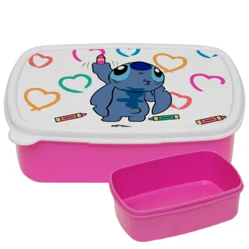 Lilo & Stitch painting, ΡΟΖ παιδικό δοχείο φαγητού (lunchbox) πλαστικό (BPA-FREE) Lunch Βox M18 x Π13 x Υ6cm
