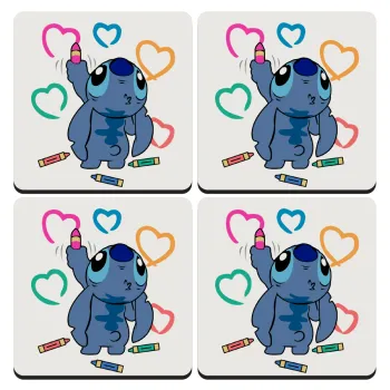 Lilo & Stitch painting, ΣΕΤ 4 Σουβέρ ξύλινα τετράγωνα (9cm)