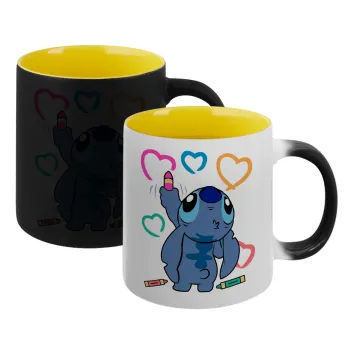Lilo & Stitch painting, Κούπα Μαγική εσωτερικό κίτρινη, κεραμική 330ml που αλλάζει χρώμα με το ζεστό ρόφημα