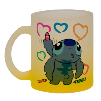 Lilo & Stitch painting, Κούπα γυάλινη δίχρωμη με βάση το κίτρινο ματ, 330ml