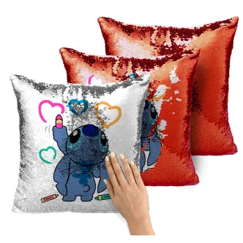 Lilo & Stitch painting, Μαξιλάρι καναπέ Μαγικό Κόκκινο με πούλιες 40x40cm περιέχεται το γέμισμα