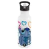 White water bottle with straw, stainless steel 600ml