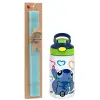 Easter Set, Children's thermal stainless steel bottle with safety straw, green/blue (350ml) & aromatic flat Easter candle (30cm) (TURQUOISE)