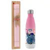 Easter Set, Metallic pink/white (Stainless steel) thermos, double-walled, 500ml & aromatic flat Easter candle (30cm) (PINK)