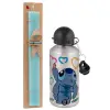 Easter Set, metallic silver aluminum water bottle (500ml) & scented flat Easter candle (30cm) (TURQUOISE)