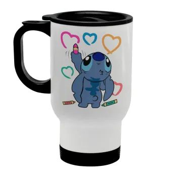 Lilo & Stitch painting, Stainless steel travel mug with lid, double wall white 450ml
