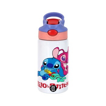 Lilo & Stitch, Children's hot water bottle, stainless steel, with safety straw, pink/purple (350ml)