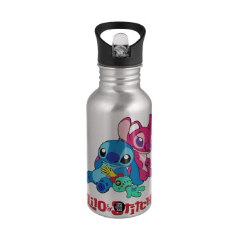 Lilo & Stitch, Water bottle Silver with straw, stainless steel 500ml
