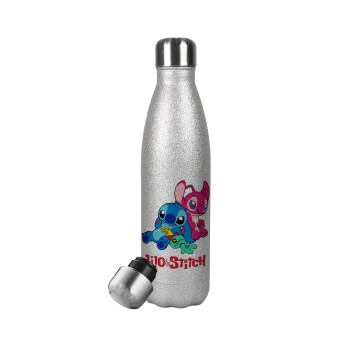 Lilo & Stitch, Μεταλλικό παγούρι θερμός Glitter Aσημένιο (Stainless steel), διπλού τοιχώματος, 500ml