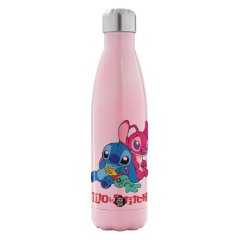 Lilo & Stitch, Metal mug thermos Pink Iridiscent (Stainless steel), double wall, 500ml