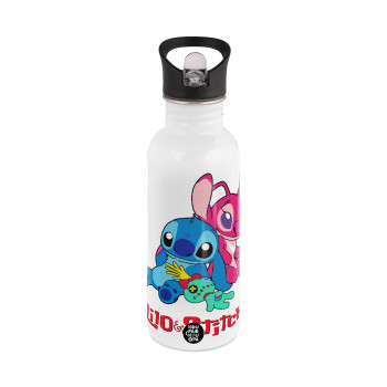 Lilo & Stitch, White water bottle with straw, stainless steel 600ml