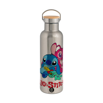 Lilo & Stitch, Stainless steel Silver with wooden lid (bamboo), double wall, 750ml