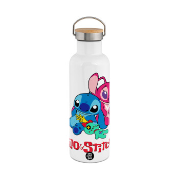 Lilo & Stitch, Stainless steel White with wooden lid (bamboo), double wall, 750ml