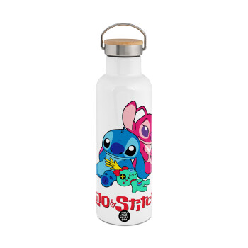 Lilo & Stitch, Μεταλλικό παγούρι θερμός (Stainless steel) Λευκό με ξύλινο καπάκι (bamboo), διπλού τοιχώματος, 750ml