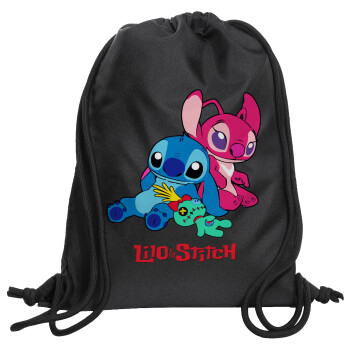 Lilo & Stitch, Τσάντα πλάτης πουγκί GYMBAG Μαύρη, με τσέπη (40x48cm) & χονδρά κορδόνια