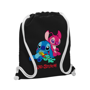 Lilo & Stitch, Τσάντα πλάτης πουγκί GYMBAG Μαύρη, με τσέπη (40x48cm) & χονδρά λευκά κορδόνια
