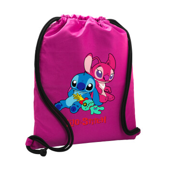 Lilo & Stitch, Τσάντα πλάτης πουγκί GYMBAG Φούξια, με τσέπη (40x48cm) & χονδρά κορδόνια