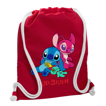 Lilo & Stitch, Τσάντα πλάτης πουγκί GYMBAG Κόκκινη, με τσέπη (40x48cm) & χονδρά κορδόνια
