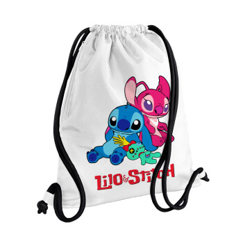 Lilo & Stitch, Τσάντα πλάτης πουγκί GYMBAG λευκή, με τσέπη (40x48cm) & χονδρά κορδόνια