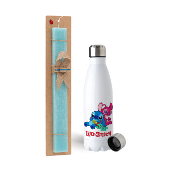 Lilo & Stitch, Easter Set, metallic stainless steel water bottle (750ml) & aromatic flat Easter candle (30cm) (TURQUOISE)