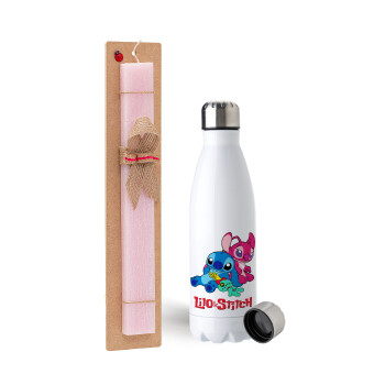 Lilo & Stitch, Easter Set, metallic stainless steel water bottle (750ml) & scented flat Easter candle (30cm) (PINK)