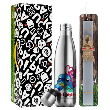 Lilo & Stitch, Easter Set, metallic stainless thermos flask (500ml) & scented flat Easter candle (30cm) (GRAY)