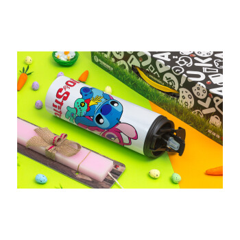 Lilo & Stitch, Easter candle,Travel Tumbler 2 Lids, with metal straw & cleaning brush & aromatic flat candle (30cm) (PINK)