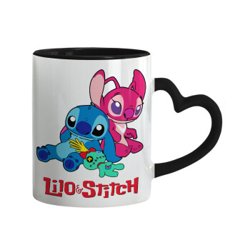 Lilo & Stitch, Mug heart black handle, ceramic, 330ml