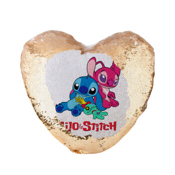 Lilo & Stitch, Μαξιλάρι καναπέ καρδιά Μαγικό Χρυσό με πούλιες 40x40cm περιέχεται το  γέμισμα