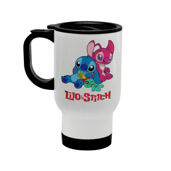 Lilo & Stitch, Κούπα ταξιδιού ανοξείδωτη με καπάκι, διπλού τοιχώματος (θερμό) λευκή 450ml