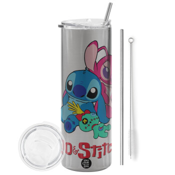 Lilo & Stitch, Eco friendly stainless steel Silver tumbler 600ml, with metal straw & cleaning brush