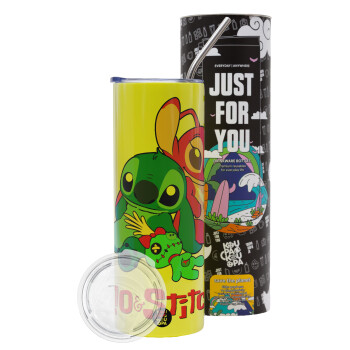 Lilo & Stitch, Neon Yellow Travel Tumbler, with metal straw (Stainless steel 304 Food grade, BPA free, 600ml)