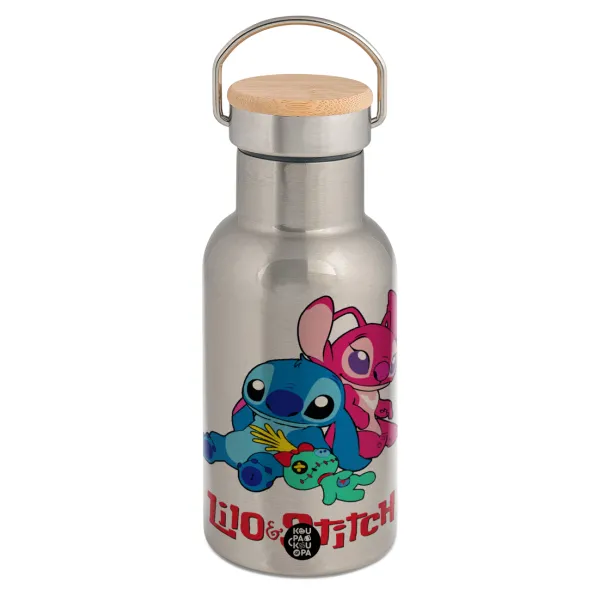 Lilo & Stitch — Stainless steel metallic thermos flask, silver with a bamboo lid, double-walled, 350ml.