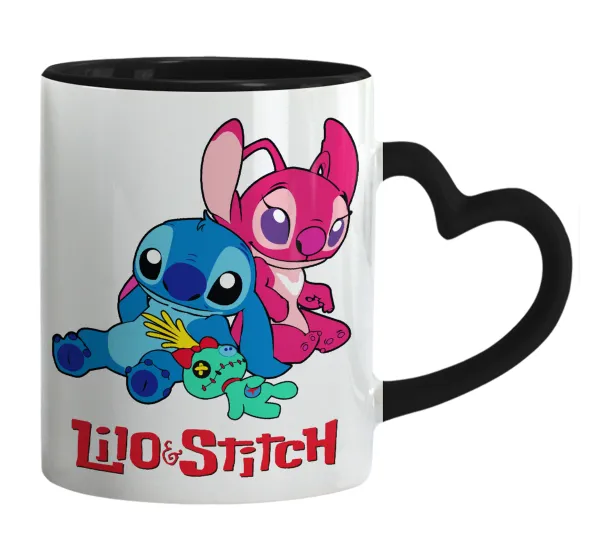 Lilo & Stitch — Mug heart black handle, ceramic, 330ml