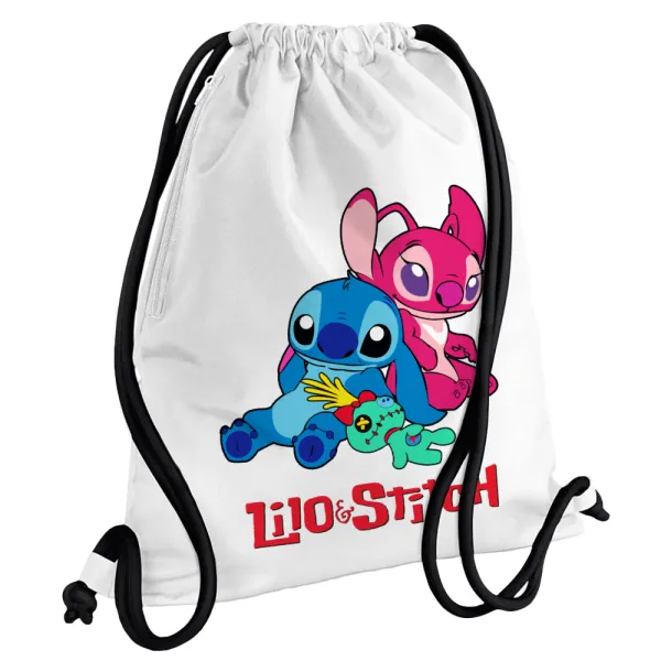 Lilo & Stitch — Τσάντα πλάτης πουγκί GYMBAG λευκή, με τσέπη (40x48cm) & χονδρά κορδόνια