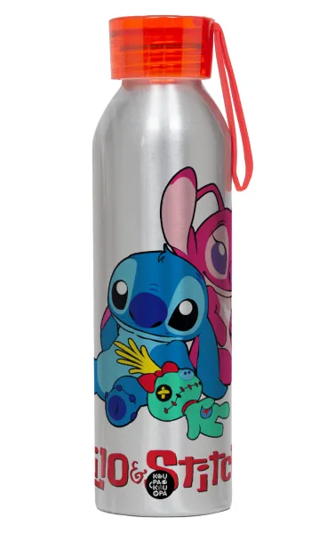 Lilo & Stitch — Αλουμινένιο Αθλητικό Μπουκάλι 650ml – Ασημί με Κόκκινο Καπάκι και Λουράκι Σιλικόνης