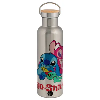 Lilo & Stitch, Μεταλλικό παγούρι θερμός (Stainless steel) Ασημένιο με ξύλινο καπακι (bamboo), διπλού τοιχώματος, 750ml