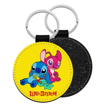 Lilo & Stitch, Μπρελόκ Δερματίνη, στρογγυλό ΜΑΥΡΟ (5cm)