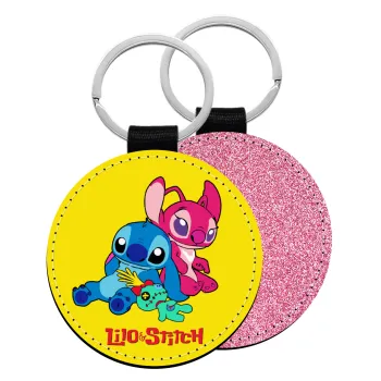 Lilo & Stitch, Μπρελόκ Δερματίνη, στρογγυλό ΡΟΖ (5cm)