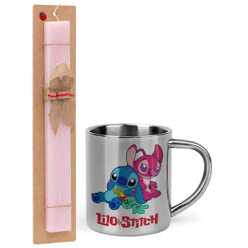 Lilo & Stitch, Πασχαλινή Λαμπάδα με μεταλλική κούπα θερμό (300ml) & κερί αρωματικό πλακέ (30cm) (ΡΟΖ)