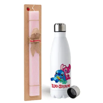 Lilo & Stitch, Easter Set, metallic stainless steel water bottle (750ml) & scented flat Easter candle (30cm) (PINK)