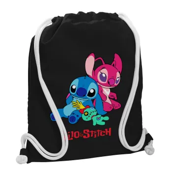 Lilo & Stitch, Τσάντα πλάτης πουγκί GYMBAG Μαύρη, με τσέπη (40x48cm) & χονδρά λευκά κορδόνια