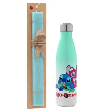 Lilo & Stitch, Easter Set, Metallic green/white thermos (Stainless steel), double-walled, 500ml & scented flat Easter candle (30cm) (TURQUOISE)