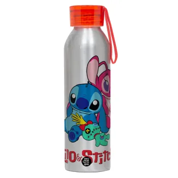 Lilo & Stitch, Αλουμινένιο Αθλητικό Μπουκάλι 650ml – Ασημί με Κόκκινο Καπάκι και Λουράκι Σιλικόνης