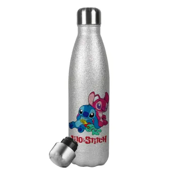 Lilo & Stitch, Μεταλλικό παγούρι θερμός Glitter Aσημένιο (Stainless steel), διπλού τοιχώματος, 500ml