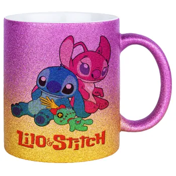 Lilo & Stitch, Κούπα Χρυσή/Ροζ Glitter, κεραμική, 330ml