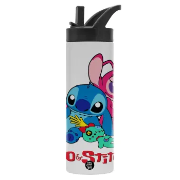 Lilo & Stitch, Μεταλλικό παγούρι θερμός με καλαμάκι & χειρολαβή, ανοξείδωτο ατσάλι (Stainless steel 304), διπλού τοιχώματος, 600ml