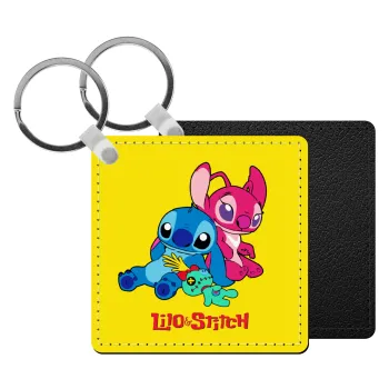 Lilo & Stitch, Μπρελόκ Δερματίνη, τετράγωνο ΜΑΥΡΟ (5x5cm)