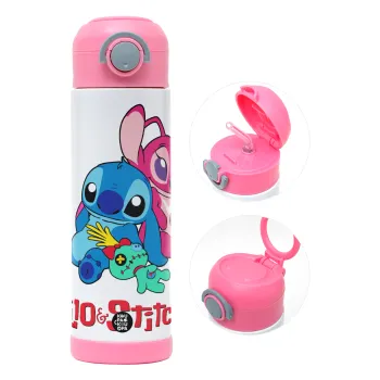Lilo & Stitch, Παιδικό παγούρι θερμό, ανοξείδωτο, με καλαμάκι ασφαλείας, ΡΟΖ (500ml)