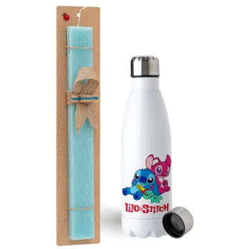 Lilo & Stitch, Πασχαλινή Λαμπάδα με μεταλλικό παγούρι ανοξείδωτο (750ml) & κερί αρωματικό πλακέ (30cm) (ΤΙΡΚΟΥΑΖ)